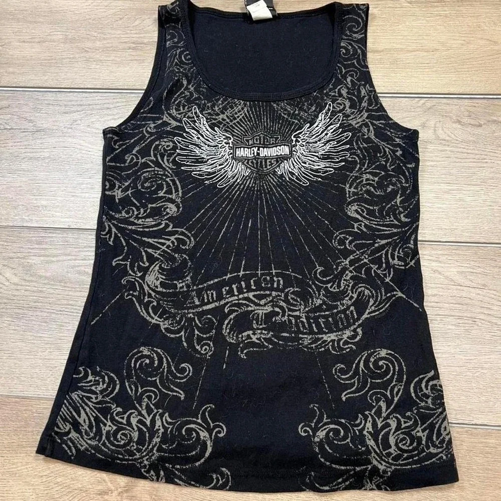 Harley Davidson Tank Top Womens Large Black Winged Logo American Tradition DC
